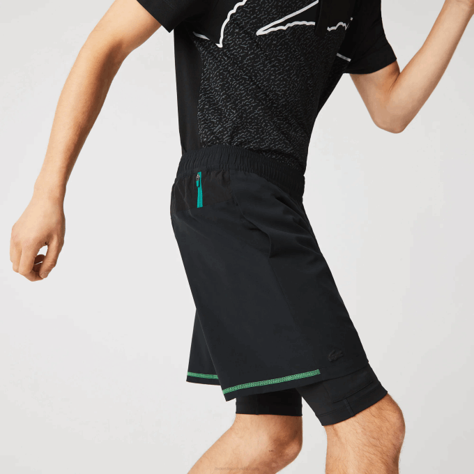 Men Lacoste V0ZN1545 Black Green White 9AZ SPORT Layered Shorts - Image 7