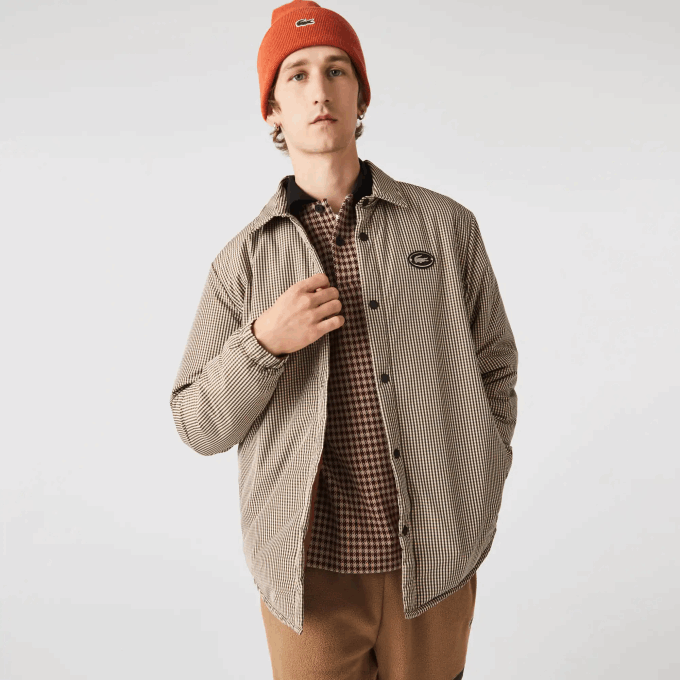 Men Lacoste V0ZN1549 Beige Navy Khaki Green 87E Check Print Water-Repellent Overshirt - Image 2