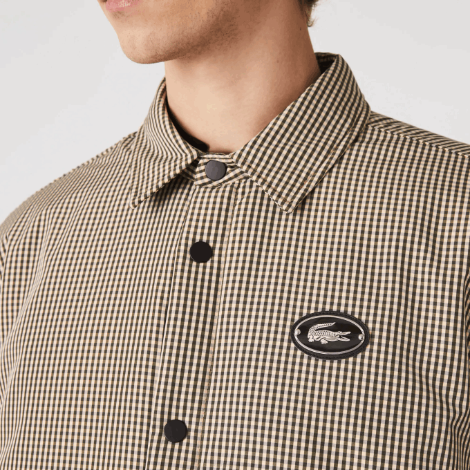 Men Lacoste V0ZN1549 Beige Navy Khaki Green 87E Check Print Water-Repellent Overshirt - Image 4