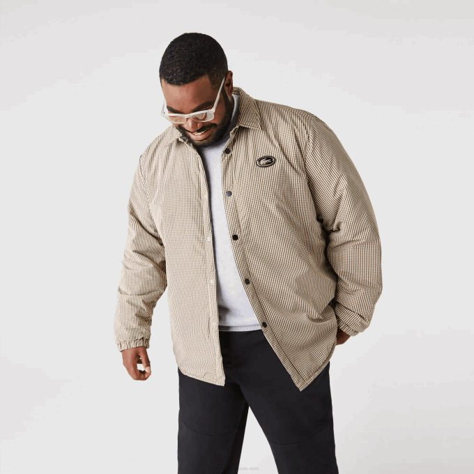 Men Lacoste V0ZN1549 Beige Navy Khaki Green 87E Check Print Water-Repellent Overshirt - Image 8