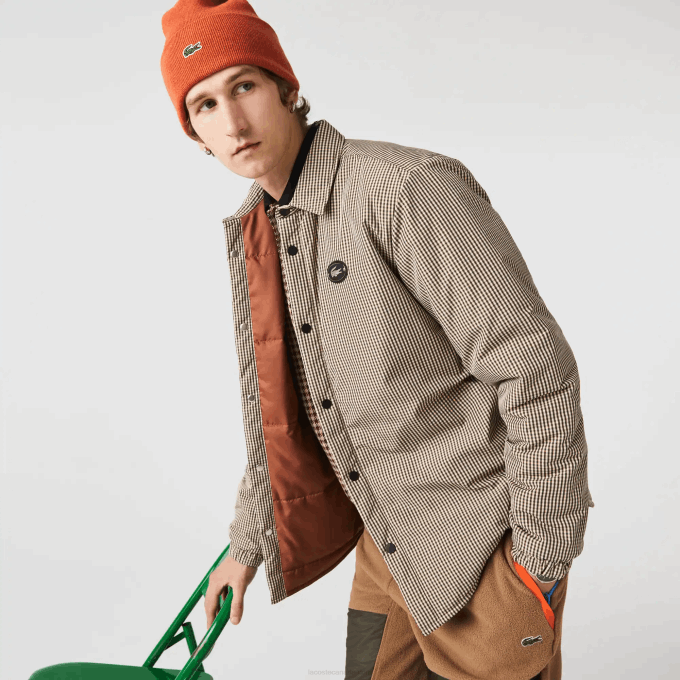 Men Lacoste V0ZN1549 Beige Navy Khaki Green 87E Check Print Water-Repellent Overshirt - Image 1