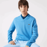 Men Lacoste V0ZN1553 Blue 4XA V-Neck Wool Sweater