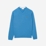 Men Lacoste V0ZN1553 Blue 4XA V-Neck Wool Sweater - Image 5