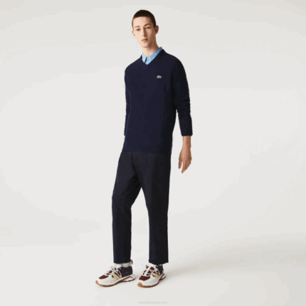 Men Lacoste V0ZN1555 Navy Blue 166 V-Neck Wool Sweater