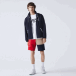 Men Lacoste V0ZN1558 Red Beige Navy Blue 1FU Lettered Colorblock Fleece Bermuda Shorts