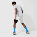 Men Lacoste V0ZN1559 Grey Chine White Black P0F Lettered Colorblock Fleece Bermuda Shorts - Image 3