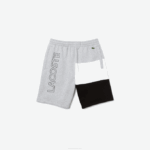 Men Lacoste V0ZN1559 Grey Chine White Black P0F Lettered Colorblock Fleece Bermuda Shorts - Image 5