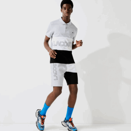 Men Lacoste V0ZN1559 Grey Chine White Black P0F Lettered Colorblock Fleece Bermuda Shorts