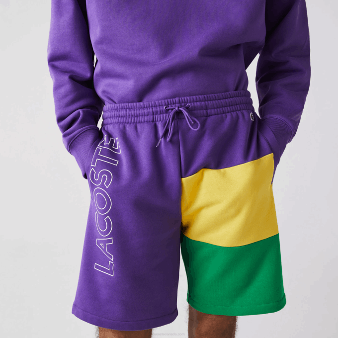 Men Lacoste V0ZN1560 Purple Yellow Green 1CV Lettered Colorblock Fleece Bermuda Shorts - Image 2