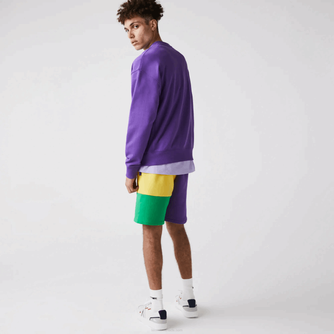 Men Lacoste V0ZN1560 Purple Yellow Green 1CV Lettered Colorblock Fleece Bermuda Shorts - Image 3