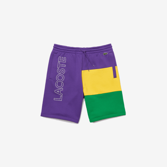 Men Lacoste V0ZN1560 Purple Yellow Green 1CV Lettered Colorblock Fleece Bermuda Shorts - Image 4