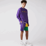 Men Lacoste V0ZN1560 Purple Yellow Green 1CV Lettered Colorblock Fleece Bermuda Shorts - Image 5