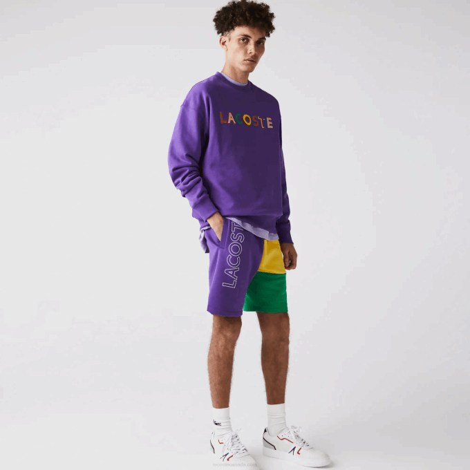 Men Lacoste V0ZN1560 Purple Yellow Green 1CV Lettered Colorblock Fleece Bermuda Shorts - Image 5
