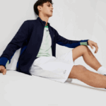 Men Lacoste V0ZN1563 White Navy Blue White B0X SPORT Contrasting Elasticized Waist Jacquard Shorts