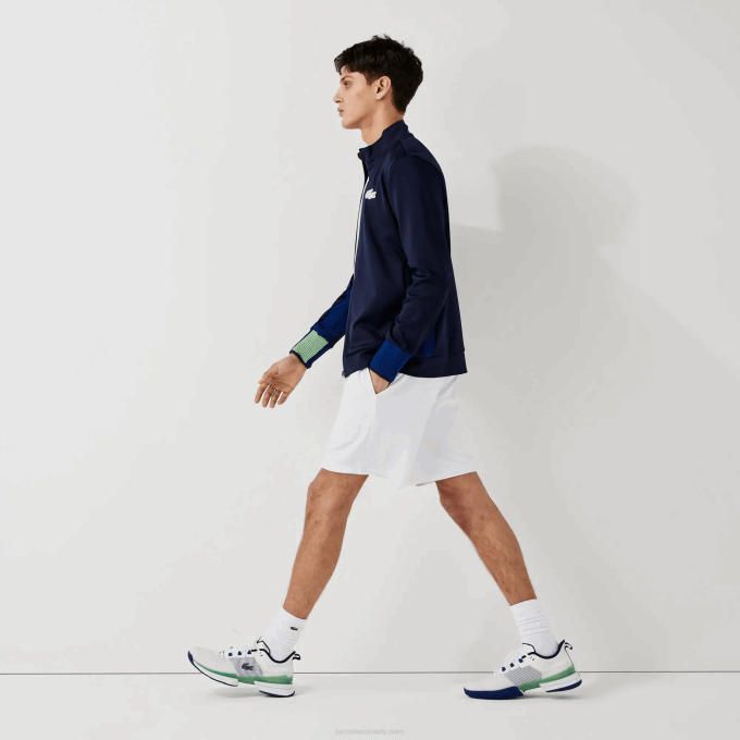 Men Lacoste V0ZN1563 White Navy Blue White B0X SPORT Contrasting Elasticized Waist Jacquard Shorts - Image 5