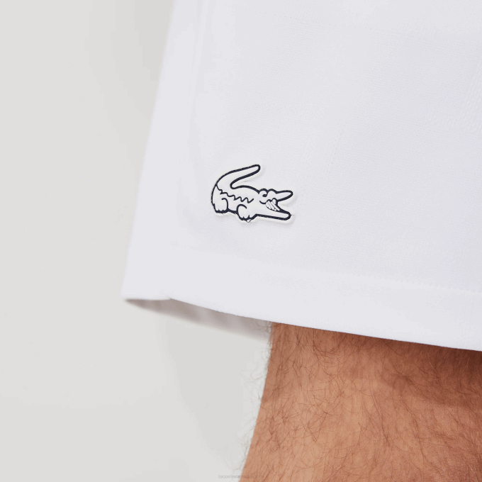 Men Lacoste V0ZN1563 White Navy Blue White B0X SPORT Contrasting Elasticized Waist Jacquard Shorts - Image 6