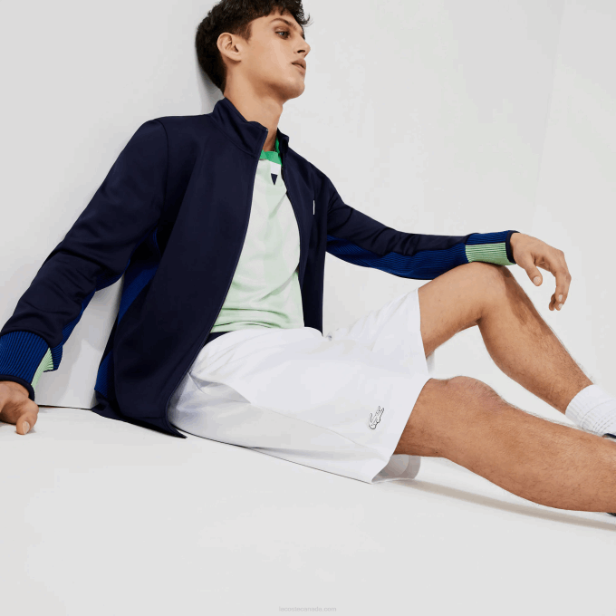 Men Lacoste V0ZN1563 White Navy Blue White B0X SPORT Contrasting Elasticized Waist Jacquard Shorts - Image 1