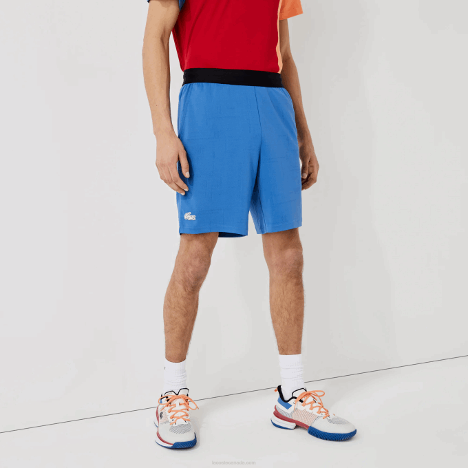Men Lacoste V0ZN1564 Blue Black White X0B SPORT Contrasting Elasticized Waist Jacquard Shorts - Image 3