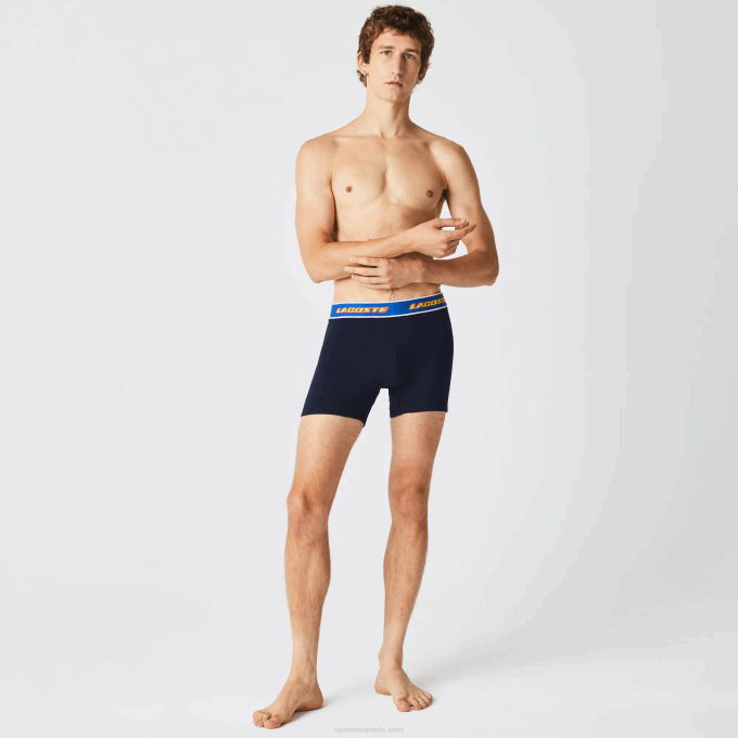 Men Lacoste V0ZN1565 Navy Blue Red White Blue LNZ Contrast Waist Boxer Brief 3-Pack - Image 2
