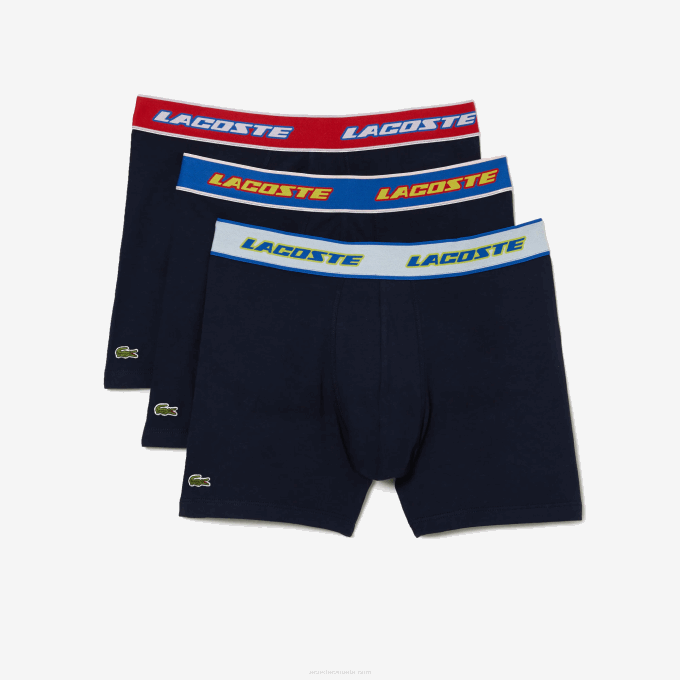 Men Lacoste V0ZN1565 Navy Blue Red White Blue LNZ Contrast Waist Boxer Brief 3-Pack - Image 5