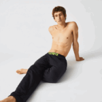 Men Lacoste V0ZN1566 Dark Grey White Yellow P44 Oversized Logo Fleece Pajama Pants