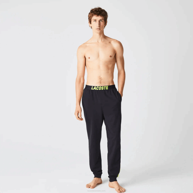 Men Lacoste V0ZN1566 Dark Grey White Yellow P44 Oversized Logo Fleece Pajama Pants - Image 6