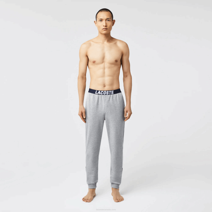 Men Lacoste V0ZN1567 Grey Chine White Navy Blue TYA Oversized Logo Fleece Pajama Pants - Image 2