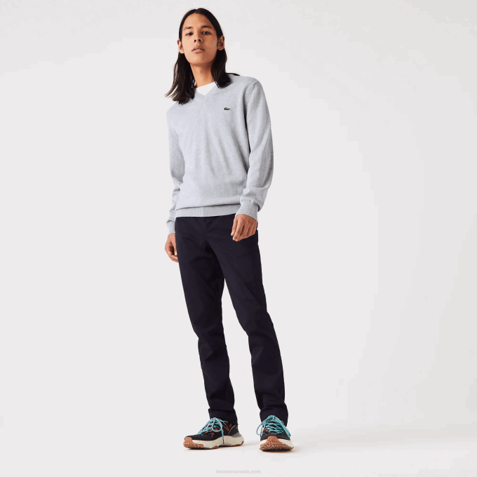 Men Lacoste V0ZN1568 Grey Chine CCA V-Neck Organic Cotton Sweater - Image 2