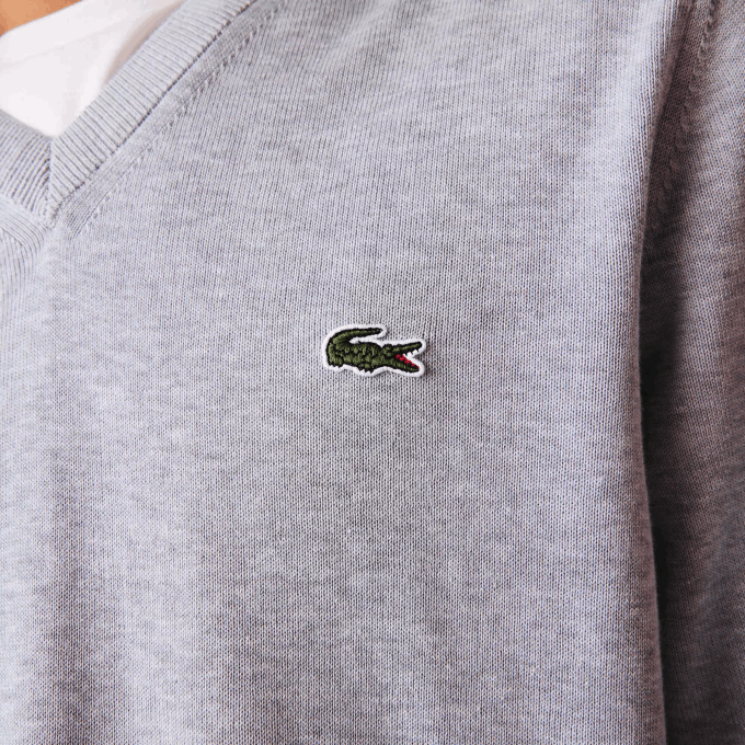 Men Lacoste V0ZN1568 Grey Chine CCA V-Neck Organic Cotton Sweater - Image 4