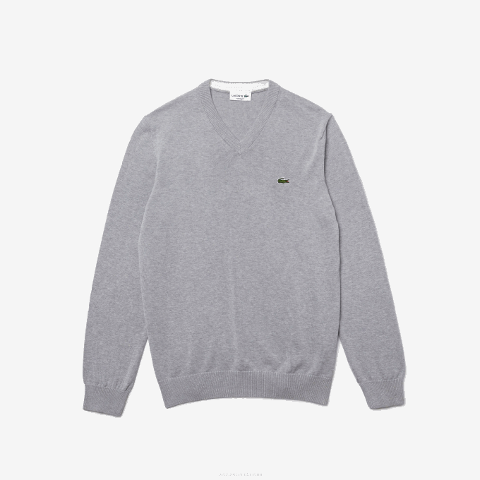 Men Lacoste V0ZN1568 Grey Chine CCA V-Neck Organic Cotton Sweater - Image 5
