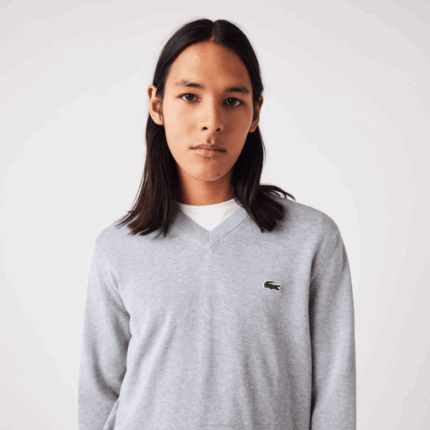 Men Lacoste V0ZN1568 Grey Chine CCA V-Neck Organic Cotton Sweater