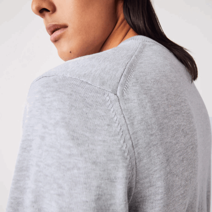 Men Lacoste V0ZN1568 Grey Chine CCA V-Neck Organic Cotton Sweater - Image 6