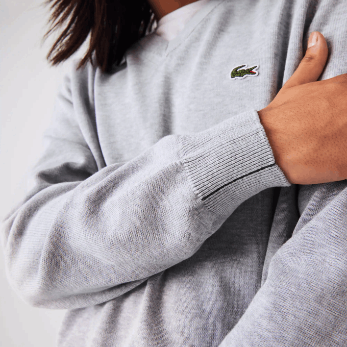 Men Lacoste V0ZN1568 Grey Chine CCA V-Neck Organic Cotton Sweater - Image 7