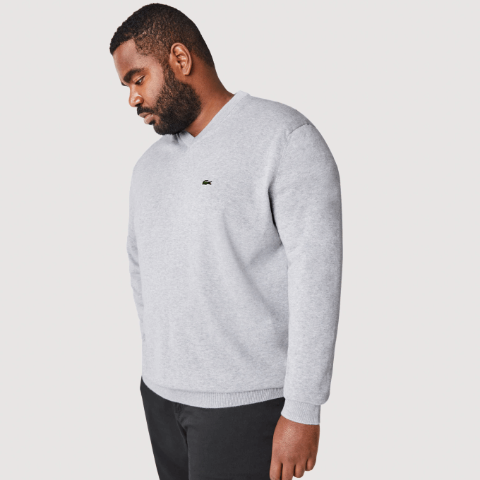 Men Lacoste V0ZN1568 Grey Chine CCA V-Neck Organic Cotton Sweater - Image 9