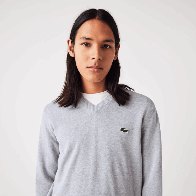 Men Lacoste V0ZN1568 Grey Chine CCA V-Neck Organic Cotton Sweater - Image 1
