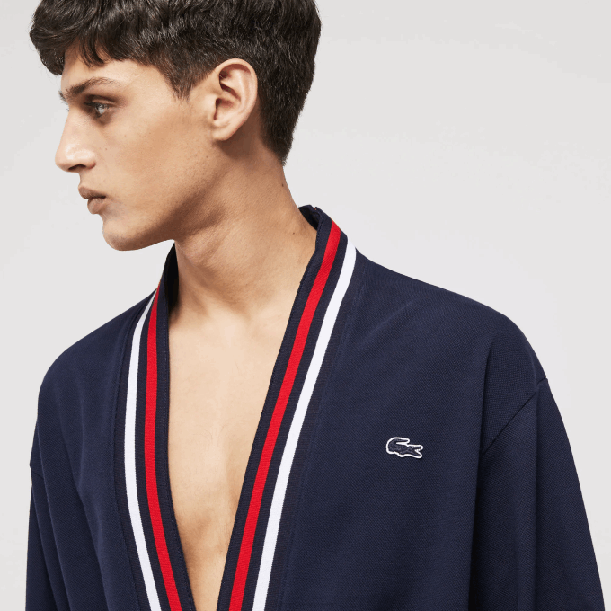 Men Lacoste V0ZN1571 Navy Blue 166 Tricolor Band Cotton Pique Robe - Image 2