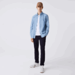 Men Lacoste V0ZN1572 Blue UEX Slim Fit Cotton Chambray Shirt - Image 4