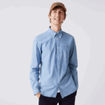 Men Lacoste V0ZN1572 Blue UEX Slim Fit Cotton Chambray Shirt - Image 6