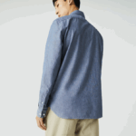 Men Lacoste V0ZN1573 Blue CDZ Slim Fit Cotton Chambray Shirt - Image 4