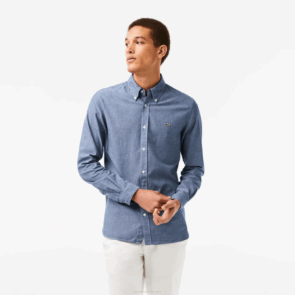 Men Lacoste V0ZN1573 Blue CDZ Slim Fit Cotton Chambray Shirt