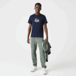 Men Lacoste V0ZN1580 Navy Blue 166 Crocodile Branding Crew Neck Cotton T-Shirt
