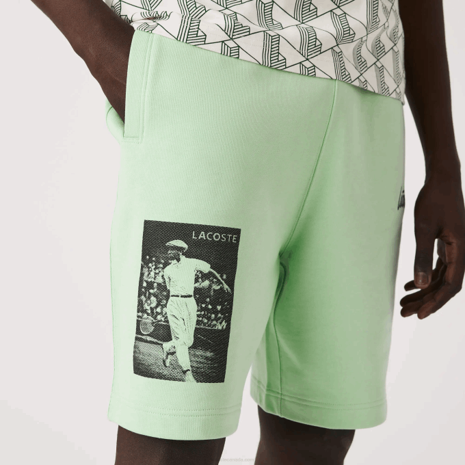 Men Lacoste V0ZN1585 Green HEE LIVE Heritage Print Cotton Fleece Shorts - Image 5