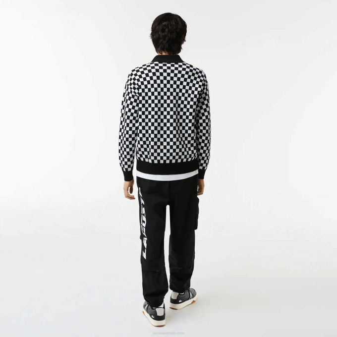 Men Lacoste V0ZN1590 Black White 9M0 Heritage Relaxed Fit Checkerboard Sweater - Image 3
