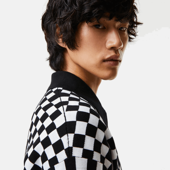 Men Lacoste V0ZN1590 Black White 9M0 Heritage Relaxed Fit Checkerboard Sweater - Image 4