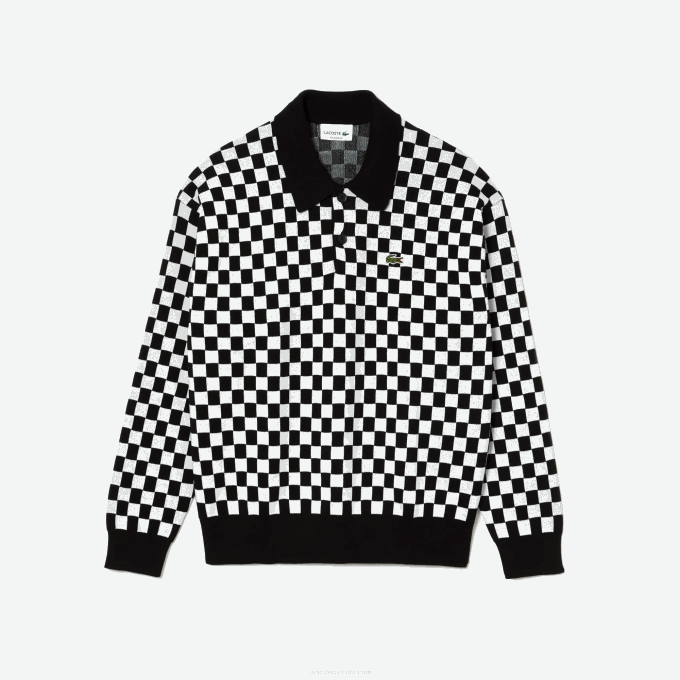 Men Lacoste V0ZN1590 Black White 9M0 Heritage Relaxed Fit Checkerboard Sweater - Image 5