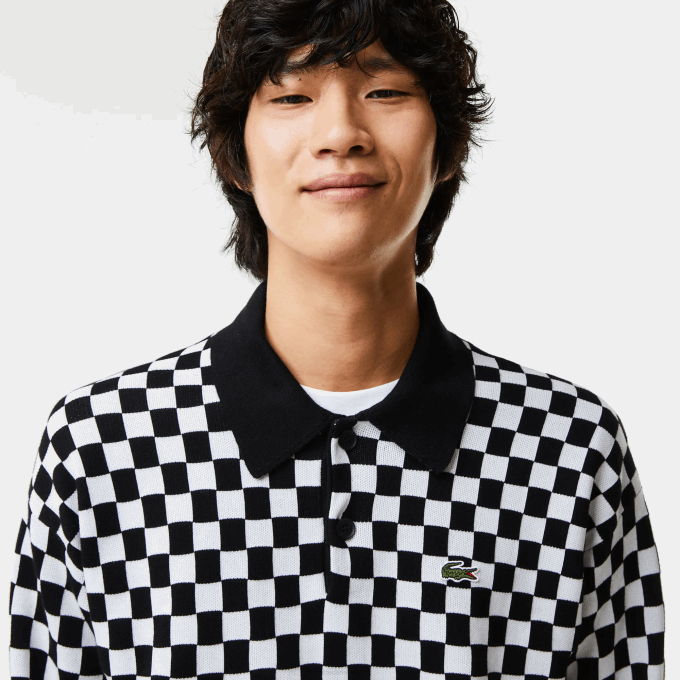 Men Lacoste V0ZN1590 Black White 9M0 Heritage Relaxed Fit Checkerboard Sweater - Image 1