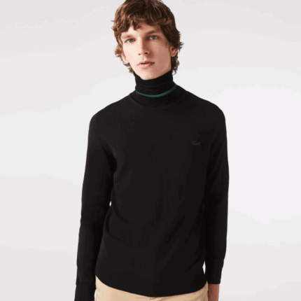 Men Lacoste V0ZN1591 Black 031 Turtleneck Merino Wool Sweater