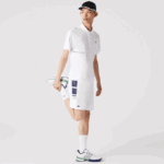 Men Lacoste V0ZN1596 White Navy Blue 522 SPORT Printed Side Bands Shorts - Image 6