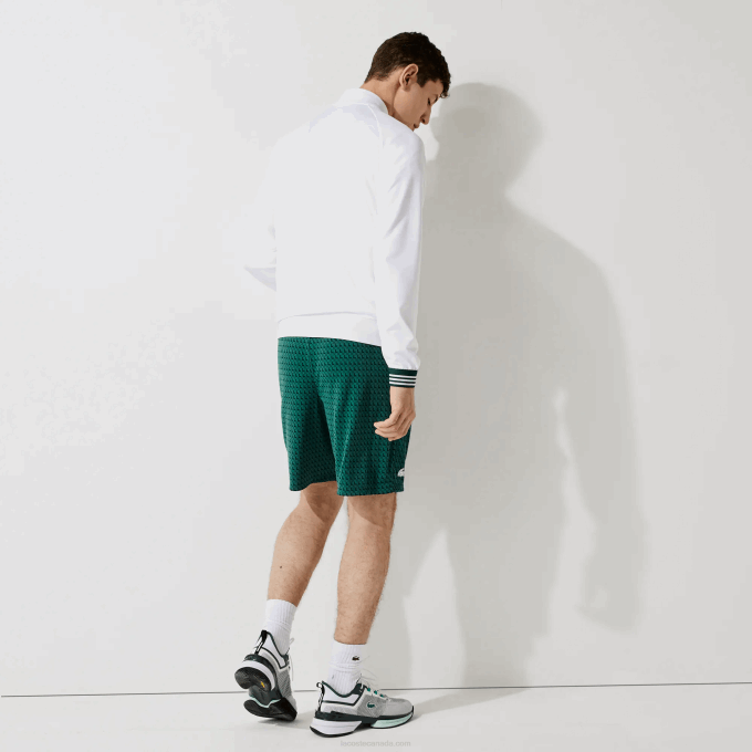 Men Lacoste V0ZN1598 Green White 256 SPORT Houndstooth Patterned Breathable Shorts - Image 3