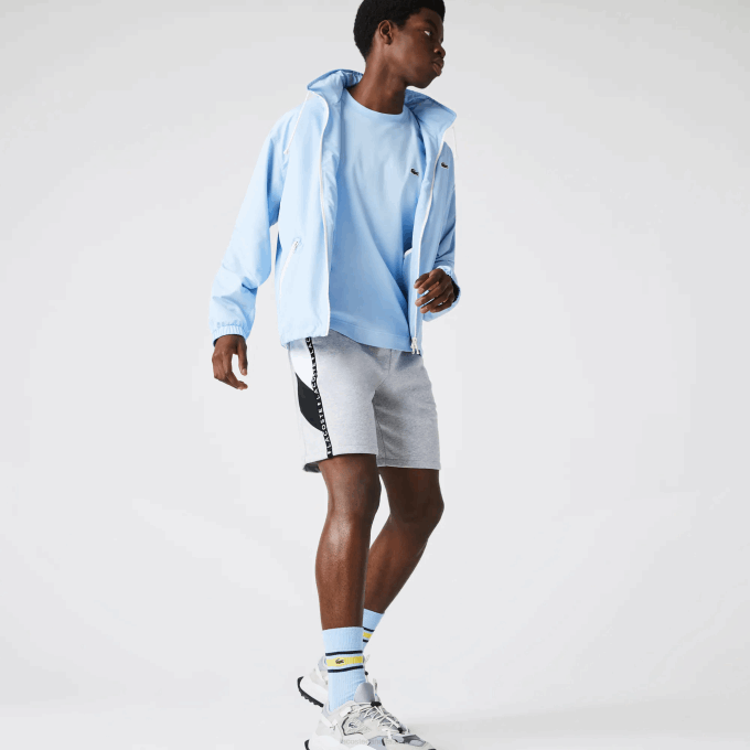 Men Lacoste V0ZN1603 Grey Chine White Black P0F Lettered Bands Fleece Bermuda Shorts - Image 2